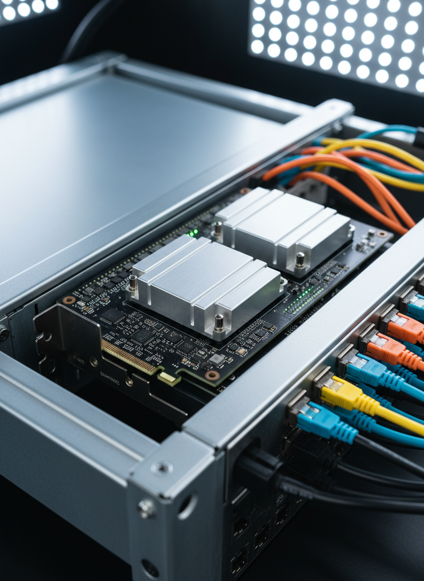 A close-up of a sleek SmartNIC card in photographic realism, its matte-black PCB densely packed with precisely aligned components, silver heatsinks, and tiny status LEDs glowing soft green and blue. The card is carefully mounted in a modern 1U data center server chassis, surrounded by brushed aluminum rails and neatly routed fiber and copper cables. Cool, diffused overhead LED lighting reflects subtly off metallic surfaces, creating crisp highlights and gentle shadows between components. Shot at a slightly elevated three-quarter angle with shallow depth of field, the foreground connectors are razor sharp while the background server bay falls into a smooth, professional bokeh. The atmosphere is clean, high-tech, and professional, emphasizing precision engineering and intelligent networking hardware.