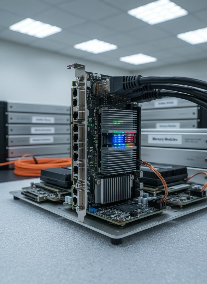Inside an open data center test bench, a SmartNIC card is captured mid-operation in photographic realism, its minute status LEDs pulsing in synchronized patterns. Thick network cables with metallic connectors plug firmly into its ports, while adjacent DPUs handle parallel workloads on neighboring PCIe slots. The bench sits on a clean, light-gray anti-static mat, with labeled hardware trays and a neatly coiled fiber loop in the background. Cool, focused overhead LED panels create even, shadow-free lighting, accentuating connector edges and heatsink fins. Shot from a low, side-on perspective at card height, the composition emphasizes the intelligent networking pipeline from host to accelerator. The mood is analytical, experimental, and cutting-edge, evoking a lab environment where next-generation data center networking is being actively tuned and validated.
