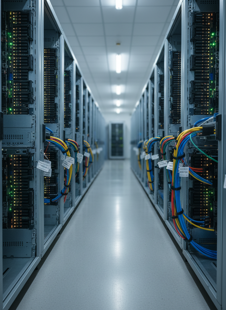 An ultra-organized row of high-density rack servers in a modern data center, each chassis featuring exposed SmartNIC and DPU cards lit by tiny diagnostic LEDs in greens and ambers. Thick, color-coded network and fiber cables feed into dedicated accelerator slots, forming tidy, labeled bundles. Photographic realism captures the faint texture of metal mesh front panels and brushed steel rack rails. Cool, neutral overhead lighting casts soft reflections on the floor and gentle vignette toward the background, where additional racks blur into a subtle bokeh. Shot at eye level along the aisle, the composition uses leading lines of racks and cables to draw the eye into the depth of the scene. The mood is controlled, efficient, and enterprise-grade, conveying scale and reliability in intelligent networking infrastructure.