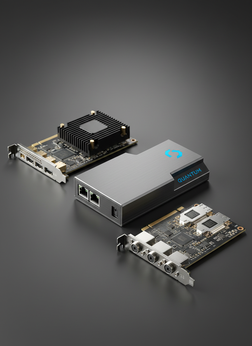 A minimalist, photographic realism close-up of three different accelerator cards—SmartNIC, DPU, and IPU—arranged in a careful diagonal on a matte charcoal workstation surface. Each card shows distinct design cues: one with a compact finned heatsink, another with a full-cover shroud and subtle logo, the third with exposed high-speed connectors and labeled ports. Soft, directional studio lighting from the left creates crisp edge highlights and delicate shadows that reveal the cards’ textures, from brushed aluminum to fine PCB traces. The background fades to a gentle gradient, with no clutter or branding, keeping focus on form factor and connectivity. Shot from a slightly elevated angle with medium depth of field, the composition feels modern, analytical, and perfectly suited for a professional technology publication.